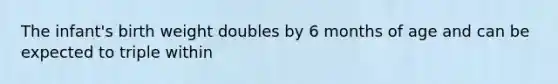 The infant's birth weight doubles by 6 months of age and can be expected to triple within