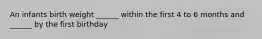An infants birth weight ______ within the first 4 to 6 months and ______ by the first birthday