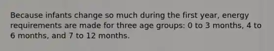 Because infants change so much during the first year, energy requirements are made for three age groups: 0 to 3 months, 4 to 6 months, and 7 to 12 months.