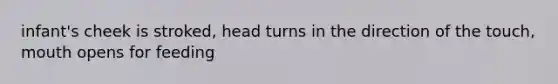 infant's cheek is stroked, head turns in the direction of the touch, mouth opens for feeding