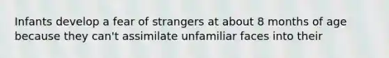 Infants develop a fear of strangers at about 8 months of age because they can't assimilate unfamiliar faces into their