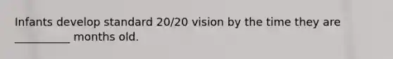 Infants develop standard 20/20 vision by the time they are __________ months old.