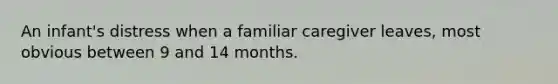 An infant's distress when a familiar caregiver leaves, most obvious between 9 and 14 months.