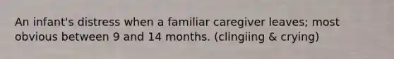 An infant's distress when a familiar caregiver leaves; most obvious between 9 and 14 months. (clingiing & crying)