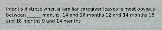 Infant's distress when a familiar caregiver leaves is most obvious between ______ months. 14 and 16 months 12 and 14 months 16 and 18 months 9 and 14 months