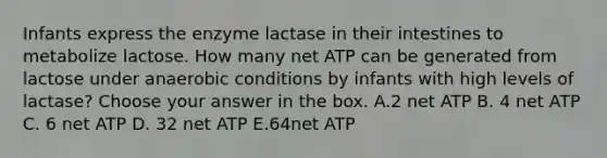 Infants express the enzyme lactase in their intestines to metabolize lactose. How many net ATP can be generated from lactose under anaerobic conditions by infants with high levels of lactase? Choose your answer in the box. A.2 net ATP B. 4 net ATP C. 6 net ATP D. 32 net ATP E.64net ATP