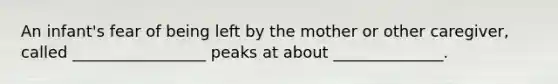 An infant's fear of being left by the mother or other caregiver, called _________________ peaks at about ______________.