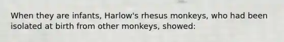 When they are infants, Harlow's rhesus monkeys, who had been isolated at birth from other monkeys, showed: