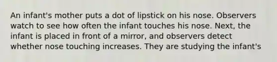 An infant's mother puts a dot of lipstick on his nose. Observers watch to see how often the infant touches his nose. Next, the infant is placed in front of a mirror, and observers detect whether nose touching increases. They are studying the infant's