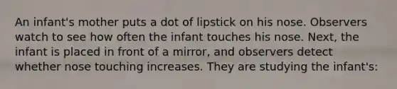 An infant's mother puts a dot of lipstick on his nose. Observers watch to see how often the infant touches his nose. Next, the infant is placed in front of a mirror, and observers detect whether nose touching increases. They are studying the infant's: