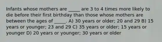 Infants whose mothers are _____ are 3 to 4 times more likely to die before their first birthday than those whose mothers are between the ages of _____. A) 30 years or older; 20 and 29 B) 15 years or younger; 23 and 29 C) 35 years or older; 15 years or younger D) 20 years or younger; 30 years or older