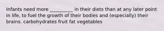 Infants need more __________ in their diets than at any later point in life, to fuel the growth of their bodies and (especially) their brains. carbohydrates fruit fat vegetables