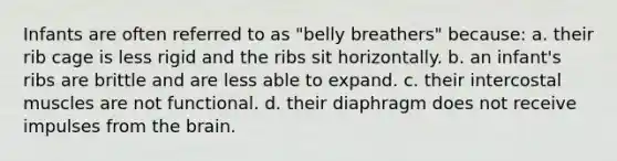 Infants are often referred to as "belly breathers" because: a. their rib cage is less rigid and the ribs sit horizontally. b. an infant's ribs are brittle and are less able to expand. c. their intercostal muscles are not functional. d. their diaphragm does not receive impulses from the brain.