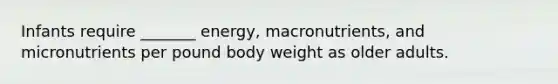 Infants require _______ energy, macronutrients, and micronutrients per pound body weight as older adults.