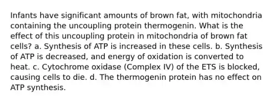 Infants have significant amounts of brown fat, with mitochondria containing the uncoupling protein thermogenin. What is the effect of this uncoupling protein in mitochondria of brown fat cells? a. Synthesis of ATP is increased in these cells. b. Synthesis of ATP is decreased, and energy of oxidation is converted to heat. c. Cytochrome oxidase (Complex IV) of the ETS is blocked, causing cells to die. d. The thermogenin protein has no effect on <a href='https://www.questionai.com/knowledge/kx3XpCJrFz-atp-synthesis' class='anchor-knowledge'>atp synthesis</a>.