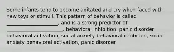 Some infants tend to become agitated and cry when faced with new toys or stimuli. This pattern of behavior is called _____________________, and is a strong predictor of _______________________. behavioral inhibition, panic disorder behavioral activation, social anxiety behavioral inhibition, social anxiety behavioral activation, panic disorder