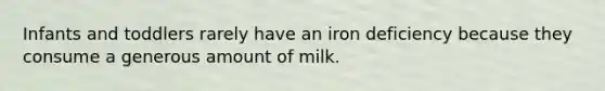 Infants and toddlers rarely have an iron deficiency because they consume a generous amount of milk.