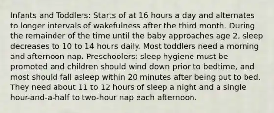 Infants and Toddlers: Starts of at 16 hours a day and alternates to longer intervals of wakefulness after the third month. During the remainder of the time until the baby approaches age 2, sleep decreases to 10 to 14 hours daily. Most toddlers need a morning and afternoon nap. Preschoolers: sleep hygiene must be promoted and children should wind down prior to bedtime, and most should fall asleep within 20 minutes after being put to bed. They need about 11 to 12 hours of sleep a night and a single hour-and-a-half to two-hour nap each afternoon.