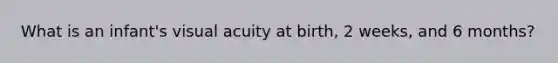 What is an infant's visual acuity at birth, 2 weeks, and 6 months?