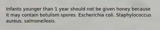 Infants younger than 1 year should not be given honey because it may contain botulism spores. Escherichia coli. Staphylococcus aureus. salmonellosis.