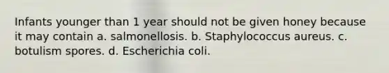 Infants younger than 1 year should not be given honey because it may contain a. salmonellosis. b. Staphylococcus aureus. c. botulism spores. d. Escherichia coli.