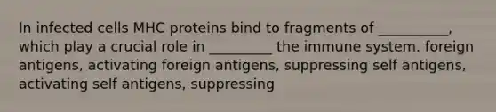 In infected cells MHC proteins bind to fragments of __________, which play a crucial role in _________ the immune system. foreign antigens, activating foreign antigens, suppressing self antigens, activating self antigens, suppressing