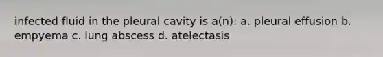 infected fluid in the pleural cavity is a(n): a. pleural effusion b. empyema c. lung abscess d. atelectasis