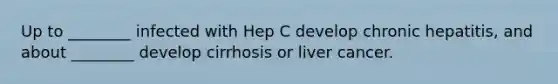 Up to ________ infected with Hep C develop chronic hepatitis, and about ________ develop cirrhosis or liver cancer.