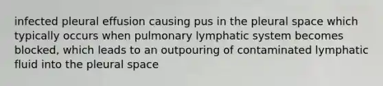 infected pleural effusion causing pus in the pleural space which typically occurs when pulmonary lymphatic system becomes blocked, which leads to an outpouring of contaminated lymphatic fluid into the pleural space