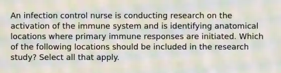 An infection control nurse is conducting research on the activation of the immune system and is identifying anatomical locations where primary immune responses are initiated. Which of the following locations should be included in the research study? Select all that apply.