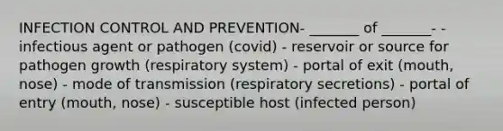 INFECTION CONTROL AND PREVENTION- _______ of _______- - infectious agent or pathogen (covid) - reservoir or source for pathogen growth (respiratory system) - portal of exit (mouth, nose) - mode of transmission (respiratory secretions) - portal of entry (mouth, nose) - susceptible host (infected person)