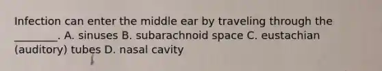 Infection can enter the middle ear by traveling through the ________. A. sinuses B. subarachnoid space C. eustachian (auditory) tubes D. nasal cavity