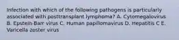 Infection with which of the following pathogens is particularly associated with posttransplant lymphoma? A. Cytomegalovirus B. Epstein-Barr virus C. Human papillomavirus D. Hepatitis C E. Varicella zoster virus