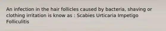 An infection in the hair follicles caused by bacteria, shaving or clothing irritation is know as : Scabies Urticaria Impetigo Folliculitis