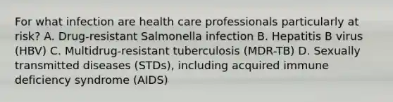 For what infection are health care professionals particularly at risk? A. Drug-resistant Salmonella infection B. Hepatitis B virus (HBV) C. Multidrug-resistant tuberculosis (MDR-TB) D. Sexually transmitted diseases (STDs), including acquired immune deficiency syndrome (AIDS)