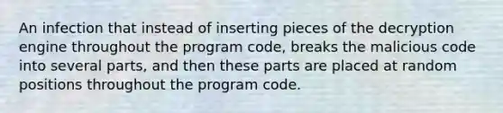 An infection that instead of inserting pieces of the decryption engine throughout the program code, breaks the malicious code into several parts, and then these parts are placed at random positions throughout the program code.