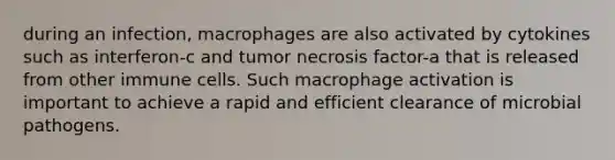 during an infection, macrophages are also activated by cytokines such as interferon-c and tumor necrosis factor-a that is released from other immune cells. Such macrophage activation is important to achieve a rapid and efficient clearance of microbial pathogens.