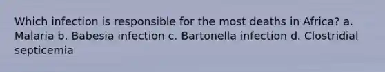 Which infection is responsible for the most deaths in Africa? a. Malaria b. Babesia infection c. Bartonella infection d. Clostridial septicemia