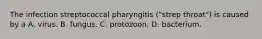 The infection streptococcal pharyngitis ("strep throat") is caused by a A. virus. B. fungus. C. protozoon. D. bacterium.