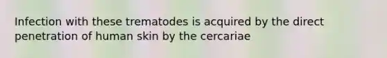 Infection with these trematodes is acquired by the direct penetration of human skin by the cercariae