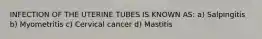 INFECTION OF THE UTERINE TUBES IS KNOWN AS: a) Salpingitis b) Myometritis c) Cervical cancer d) Mastitis