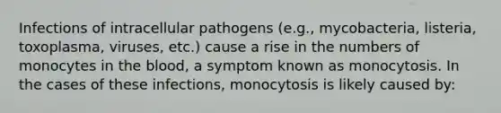 Infections of intracellular pathogens (e.g., mycobacteria, listeria, toxoplasma, viruses, etc.) cause a rise in the numbers of monocytes in the blood, a symptom known as monocytosis. In the cases of these infections, monocytosis is likely caused by: