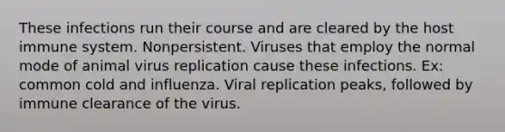 These infections run their course and are cleared by the host immune system. Nonpersistent. Viruses that employ the normal mode of animal virus replication cause these infections. Ex: common cold and influenza. Viral replication peaks, followed by immune clearance of the virus.