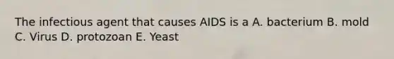 The infectious agent that causes AIDS is a A. bacterium B. mold C. Virus D. protozoan E. Yeast