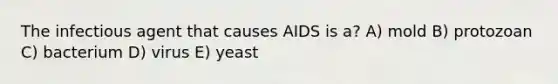 The infectious agent that causes AIDS is a? A) mold B) protozoan C) bacterium D) virus E) yeast