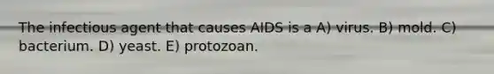 The infectious agent that causes AIDS is a A) virus. B) mold. C) bacterium. D) yeast. E) protozoan.