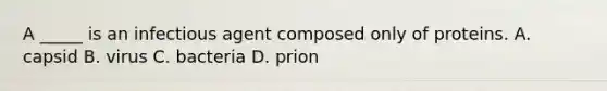 A _____ is an infectious agent composed only of proteins. A. capsid B. virus C. bacteria D. prion