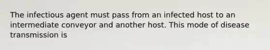 The infectious agent must pass from an infected host to an intermediate conveyor and another host. This mode of disease transmission is