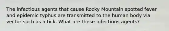 The infectious agents that cause Rocky Mountain spotted fever and epidemic typhus are transmitted to the human body via vector such as a tick. What are these infectious agents?