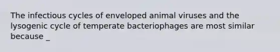 The infectious cycles of enveloped animal viruses and the lysogenic cycle of temperate bacteriophages are most similar because _